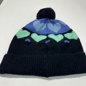 Talbots Heart Pattern Knit Hat Navy Blue White Turquoise
